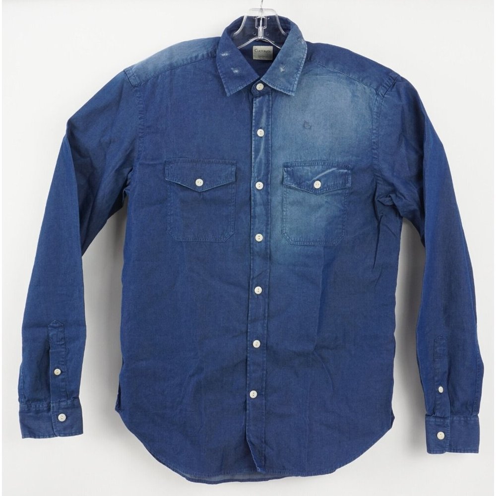 New Culturata Men's Medium Indigo Blue Twill Distressed Western Button Up Shirt